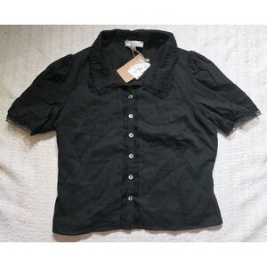 Rihoas Top Short Sleeve Button Black Lace Cottage Romantic Medium